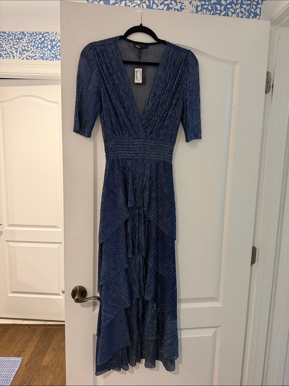 Maje Blue Metallic High-Low Ruffle V-Neck Dress